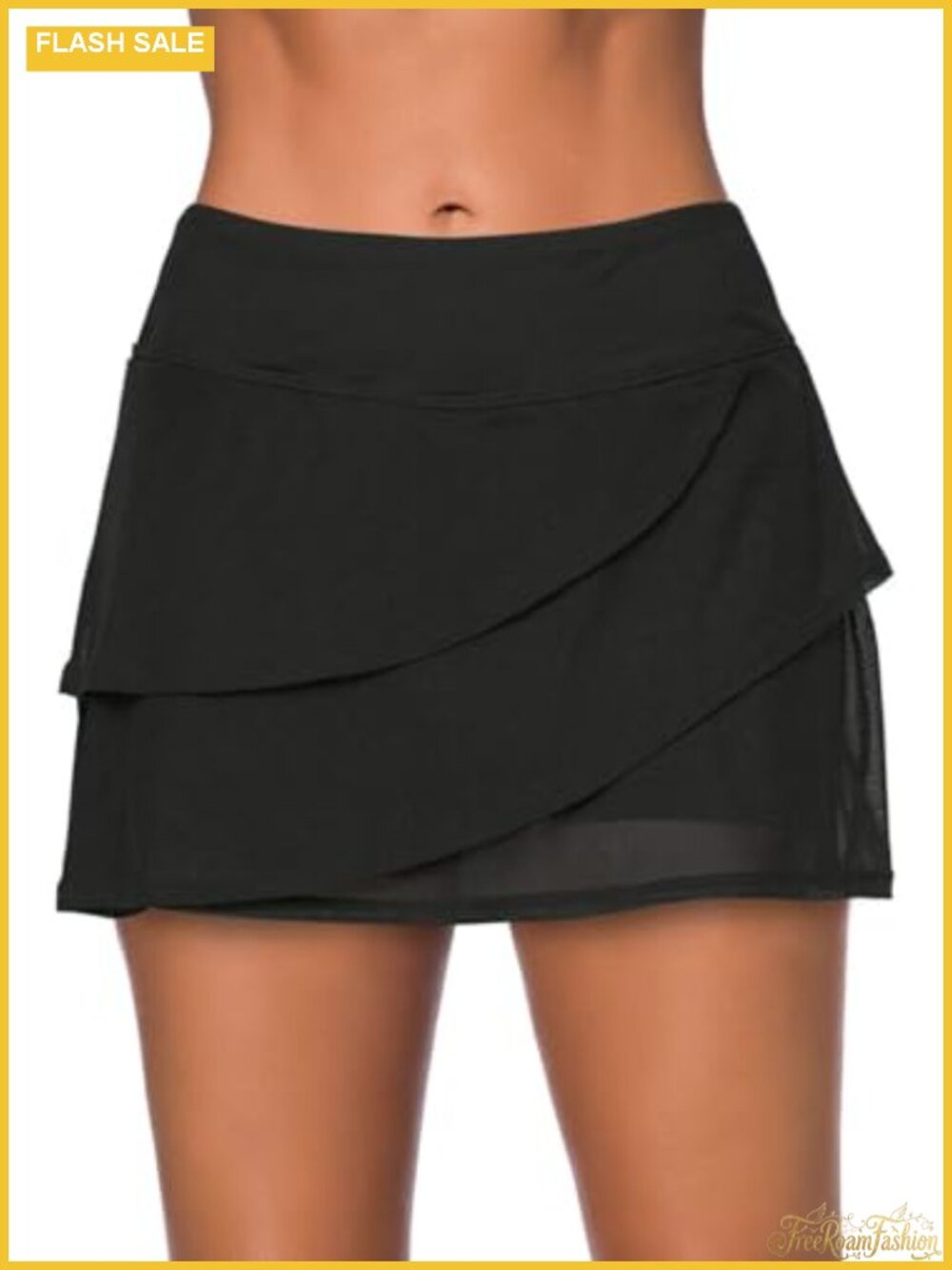 Mesh Ruffle Swim Skirt Ruching Wide Waistband Built in Brief Swimdress